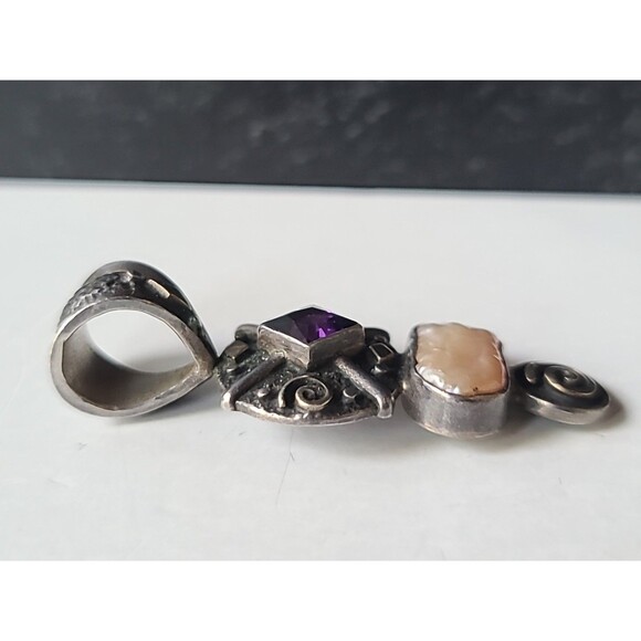 925 Sterling Silver Amethyst Pearl Pendant Vintage - Picture 3 of 10